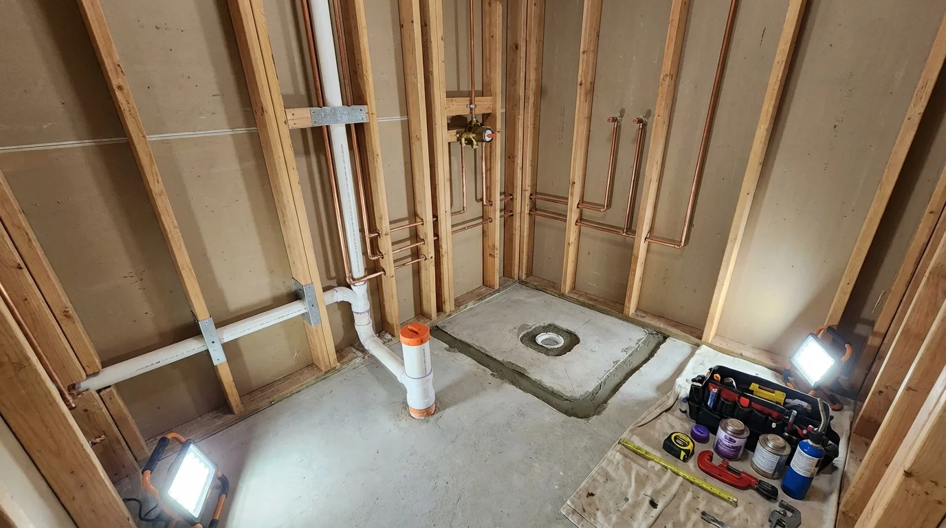 Bathroom rough-in plumbing during remodel by Johns Plumbing LLC in Flatonia