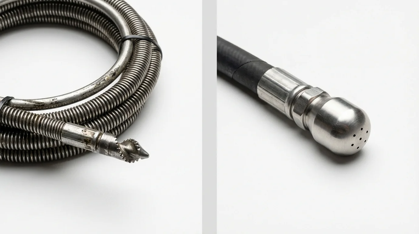 Drain snake cable and hydro jetting nozzle used for drain cleaning in Flatonia, TX