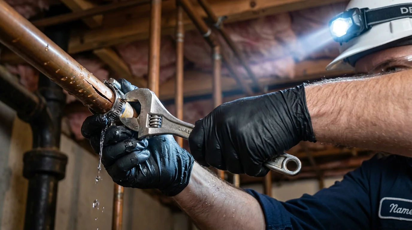 Emergency pipe clamp repair being performed by a Johns Plumbing LLC plumber in Flatonia