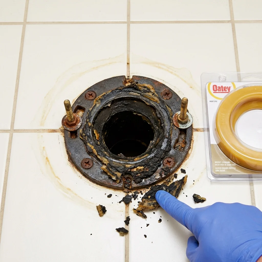 Failed wax ring showing water seepage at the base of a toilet in a Flatonia, TX home
