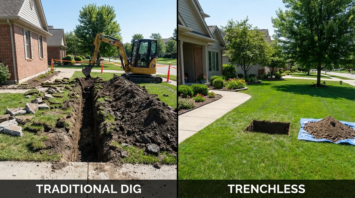 Trenchless sewer repair with minimal yard damage versus traditional excavation in Flatonia, TX